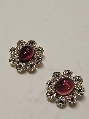 Vintage Ciner Clip On Earrings Flower Pink Glass Cabochon rhinestones #1064 • $260