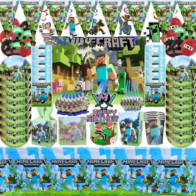Minecraft Theme Kids Birthday Party Supplies Decorations Kits Tableware Set NEW • £5.59