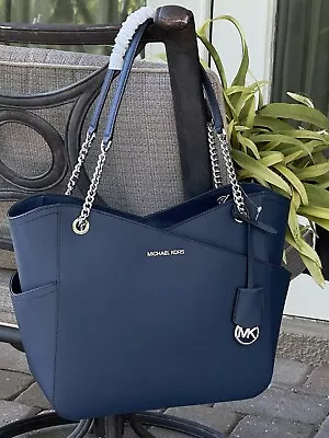 Michael Kors Jet Set Travel Large X Chain Shoulder Tote Bag Navy Blue Leather • $147.99