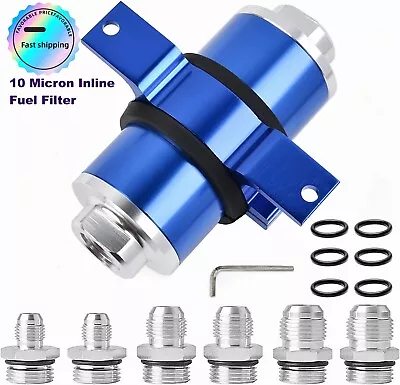 Blue Inline 10Micron Fuel Filter Bracket 6AN 8AN 10AN Adapter Universal 50MM • $36