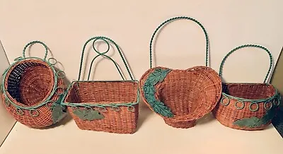 Set Of4 Vintage Wall Hanging Wicker Basket With Green Metal Accents Cottage Core • $60
