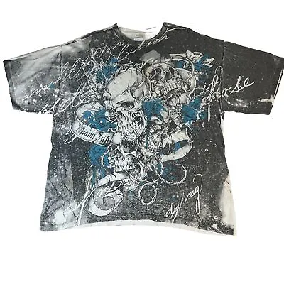 Vtg Y2K Miami Ink Winged Skull Mens Size 2XL White T Shirt Grunge Gothic Skull • $29.99