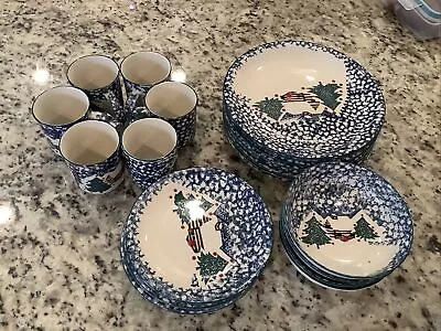 Folk Craft Christmas Cabin In The Snow Stoneware 24 Piece Service • $79