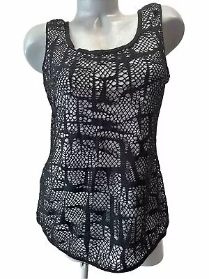 Eci New York Black White Tank Top Size Large L Womens Crochet Layered Fitted ￼ • $24.99