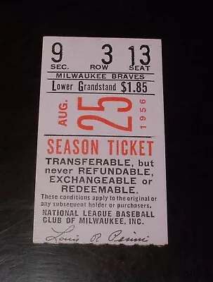August 25 1956 Baseball Milwaukee Braves Vs Philadelphia Phillies Ticket Stub • $29.96