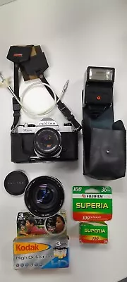 Vintage Pentax Asahi K1000 Camera + 2 Lenses. Flash Working. Tested. Extras • $104.50