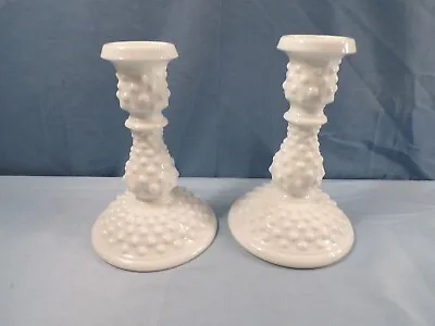 Pair Of Fenton Milk Glass Hobnail #3674 Candlesticks 5 3/4  Tall • $14.99