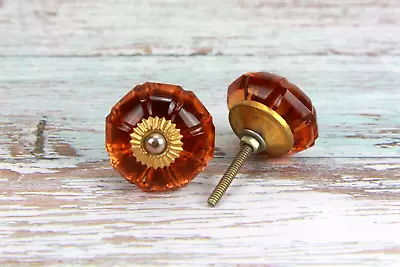 Vintage Victorian Amber Cut Glass Door Knobs - Thick Glass Flower Shape Brass  • $46.75