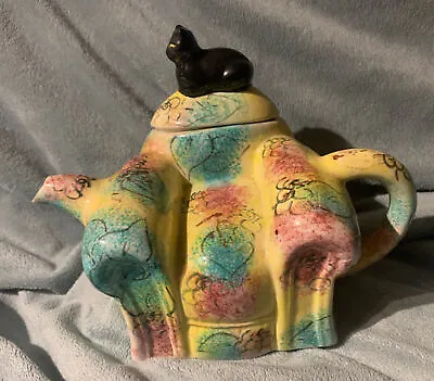 Charming Vintage Swineside Ceramics Teapot Black Cat On Overstuffed Arm Chair  • $39.98