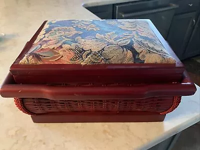 $16 • Buy Vintage Sewing Basket Box Hinged Lid Handle Red Weave Tray Tapestry Cushion