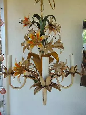 Vintage ITALIAN TOLE METAL CHANDELIER HANGING LAMP 4 Arm 15  Tall Tiger Lilies • $135