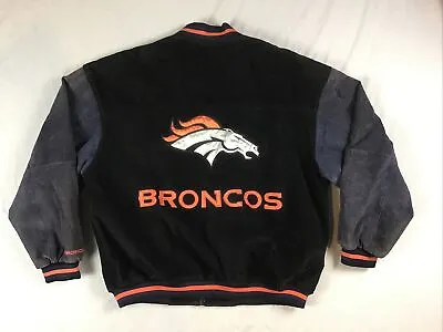 Denver Broncos Suede Leather Coat Game Day Zip Up Bomber Jacket Essex Sz Large L • $34.99