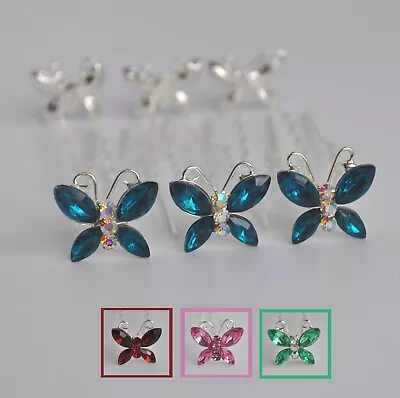 £3.35 • Buy Crystal Jewel Butterfly Hair Pins/accessories. Silver Plated. Green, Teal, Pink