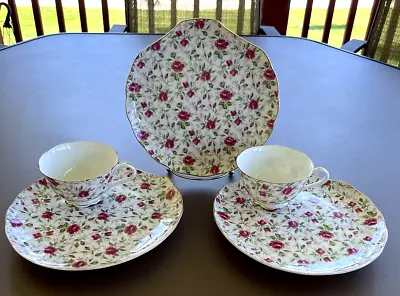 Lefton China Rose Chintz Clam Shell Shaped Snack 3 Plates & 2 Cups Vintage • $19.99