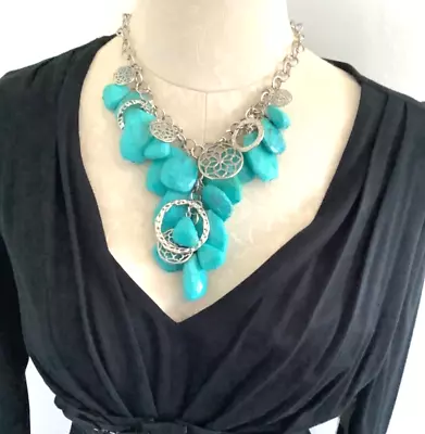 $17.95 • Buy Huge Statement Necklace Graziano Faux Turquoise & Pendents Silvertone