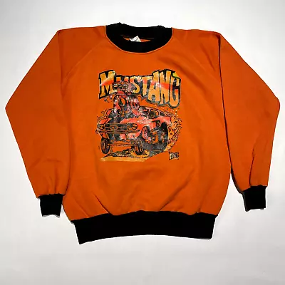 Vintage Dunlop Rat Hole Mustang Transfer Sweatshirt Large Orange Black USA • $30