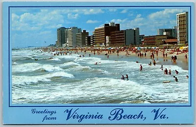 Virginia Beach Virginia 1980s Greetings Postcard Hotels Beach Scene Bather Ocean • $3