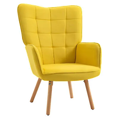 HOMCOM Modern Accent Chair Velvet-Touch Tufted Wingback Armchair Yellow • £109.99