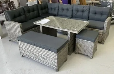 8 Seater Lounge Set & Cover Grey - Rattan Patio Sofa Garden Outdoor Bench Stool • £499