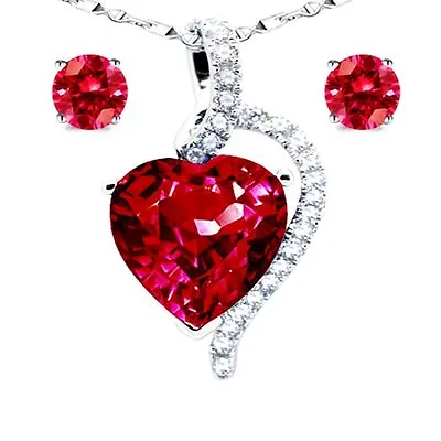 Women Sterling Silver Simulated Ruby Heart Necklace Earring Set Gifts For Her • $46.36