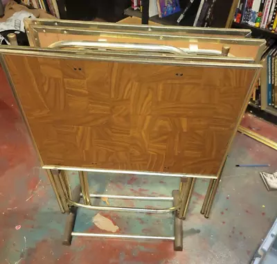 **Vintage MCM FOUR TV TRAY TABLES W/STAND FAUX WOODGRAIN BRASS METAL • $40