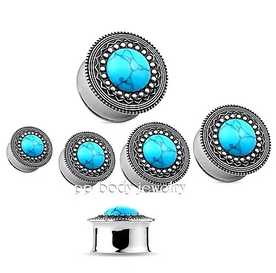 PAIR Of Double Flared Tunnels Turquoise Centered Antique Tribal Shield Ear Plugs • $5.46