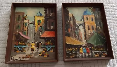 Pair Small Mid Century Modern Oil Canvas Painting Paris Cityscape Street Signed • $50