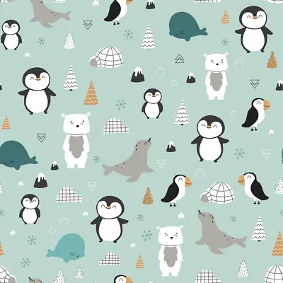 Childrens Novelty Christmas Cotton Jersey Fabric -Penguins Polar Bears & Igloos • £6.95