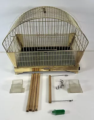 Antique Hendryx Brass BIRD CAGE Withe Feeders MCM 18” X 9” X 13” • $249.99