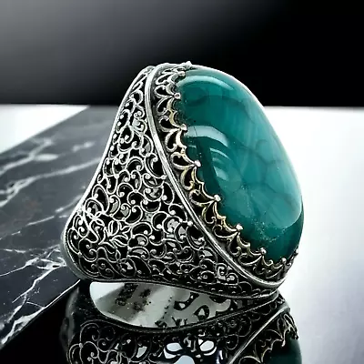 Mens Handmade  Natural Green Yemen Agate Ring  Ottoman Mens Silver Ring • $125