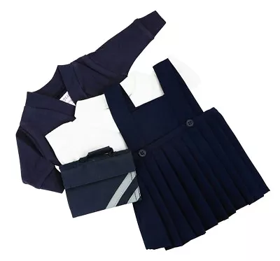 Dolls School Uniform With Grey Pinafore Set  Navy Cardy And Bag . 3 Sizes • £17