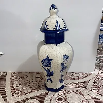 VINTAGE Ginger Spice Jar Ceramic Blue And White Flowers Hand Painted Signed • $12.95