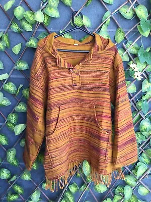 Nepali 100% Wool Striped Hooded Sweater Jacket Size: L From Nepal • $35