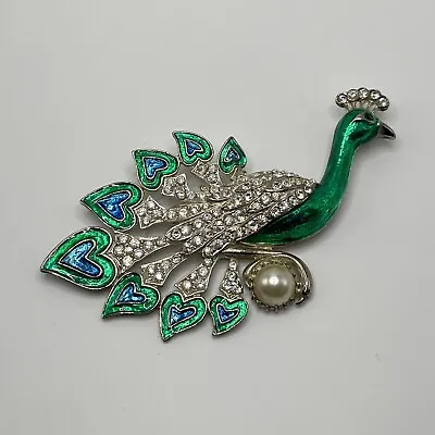 Vintage Peacock Enamel & Rhinestones Blue Green Gold Brooch Pin LARGE! • $19.99