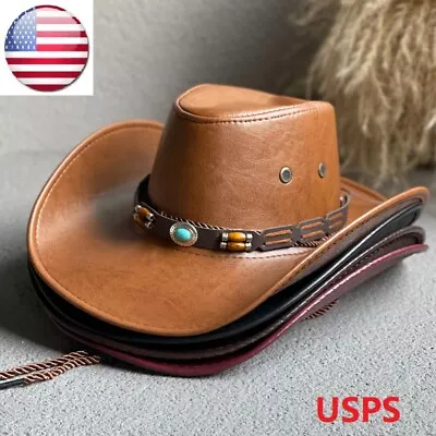 Mens Faux Leather Fashion Bucket Cap Cowboy Fedora Hat Wide Brim  Outdoor Hats U • $13.95