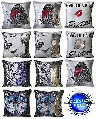 Magic Sequin Mermaid Cushion Or Cover Reversible TigerWolfButterflyMonroe  • £7.99