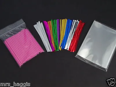 50 X 3.5  PINK CAKE POP KIT PLASTIC STICKS CELLO BAGS & METALLIC TWIST TIES • £4.25