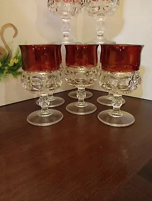 Vintage Set Of 8 Kings Crown Thumbprint Cranberry Flash 7 Oz Glass Water Goblets • $49.95