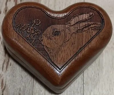 Vintage 3” Wood Box Heart Shaped Magnetic Lid Trinket Box Bunny Rabbit • $15