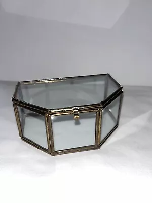 Vintage 6 Panel Glass Trinket Box Brass Feet & Joints Flip Open Hinged Lid • $15