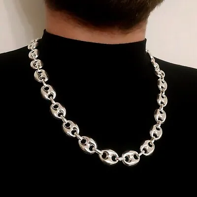 Mens Mariner Puffed Link Chain Necklaces 14mm 61GR 925 Silver Sterling 26.37Inch • $168