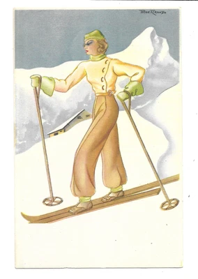 £4.50 • Buy Winter Sports - Pilar Hranda(?) - Spanish Artist Drawn Skier - Art Deco Style