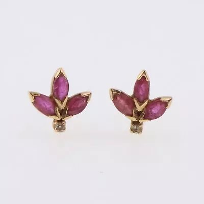 14k Yellow Gold Estate Marquise Cut Ruby & Diamond Stud Earrings • $103.99