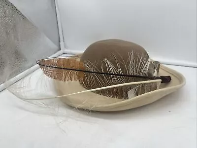 Mr.  John Classic 100% Wool Made In USA Derby Hat Tan And Brown  Feathers Bow • $19.99