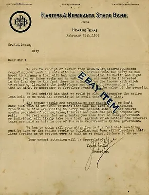 1936 JOHN G. PHILEN Letterhead PLANTERS MERCHANTS STATE BANK Hearne TEXAS Hefley • $174.30