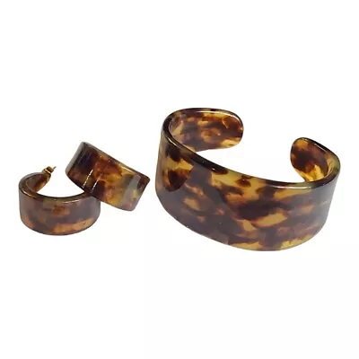 Vintage Faux Tortoise Shell Lucite Wide 7.25  Cuff Bracelet Pierced Earrings Set • $48