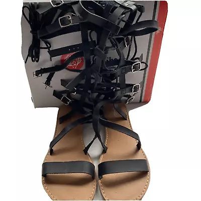 NEW Women's Qupid Flat Knee High Gladiator Sandals Athena Black Strappy  Size 8 • $26.60