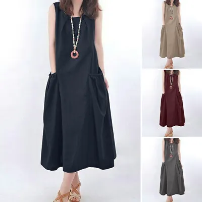 $19.94 • Buy ZANZEA Women Sleeveless Side Pockets Tank Dress Casual Loose Solid Midi Sundress