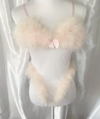 RARE VTG 90s Frederick's Of Hollywood Pink Marabou Fur Bodysuit Teddy Lingerie • $65