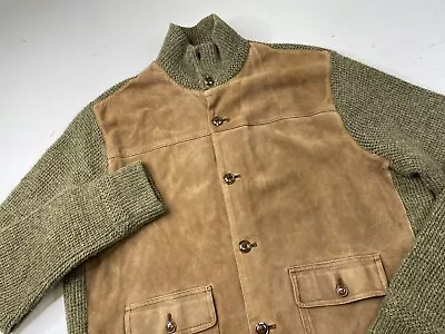Vintage Polo Ralph Lauren Men’s Large Sweater Jacket Green Leather Wool Coat • $99.99